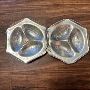 Vintage Cromwell Ornate Aluminum Double Hand Wrought Candy Nuts Marked Dish